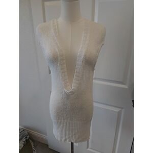 Bebe‎ White Textured Knit Deep V Neck Sleeveless Mini Dress Tunic M